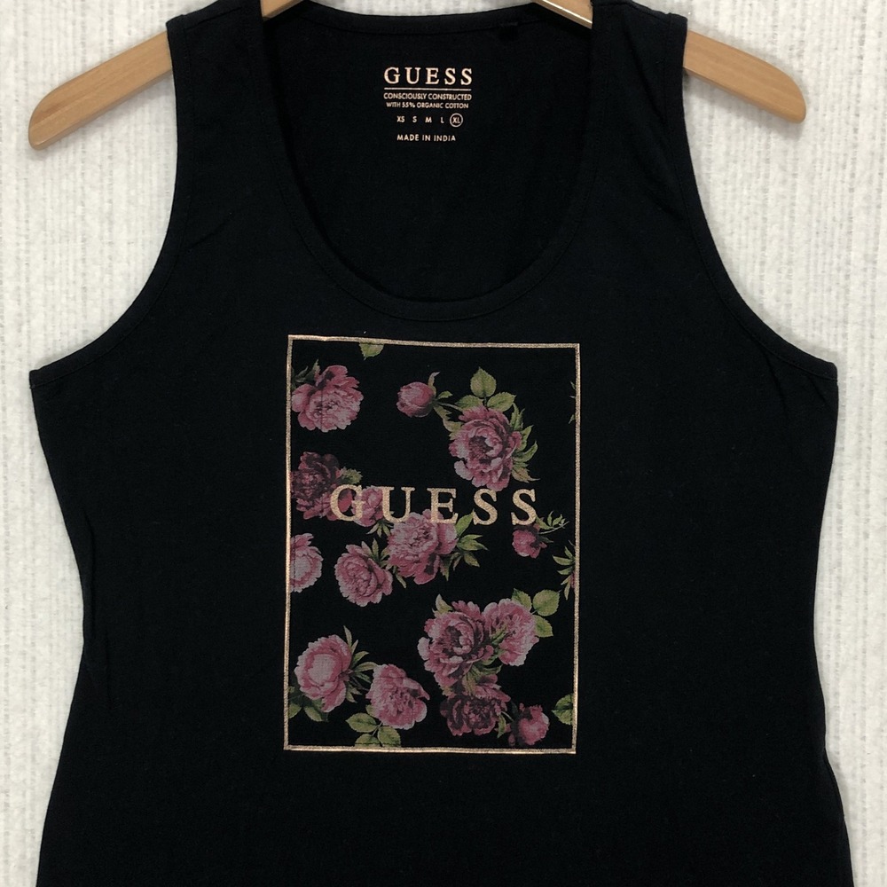 Guess Womens XL Black Floral Graphic Tank Top Organic Cotton Q8GP08 K9TJ1